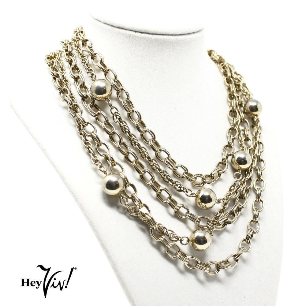 Vintage Gold Tone Multi Layer Chain Necklace w Beads Bold Statement – Hey Viv